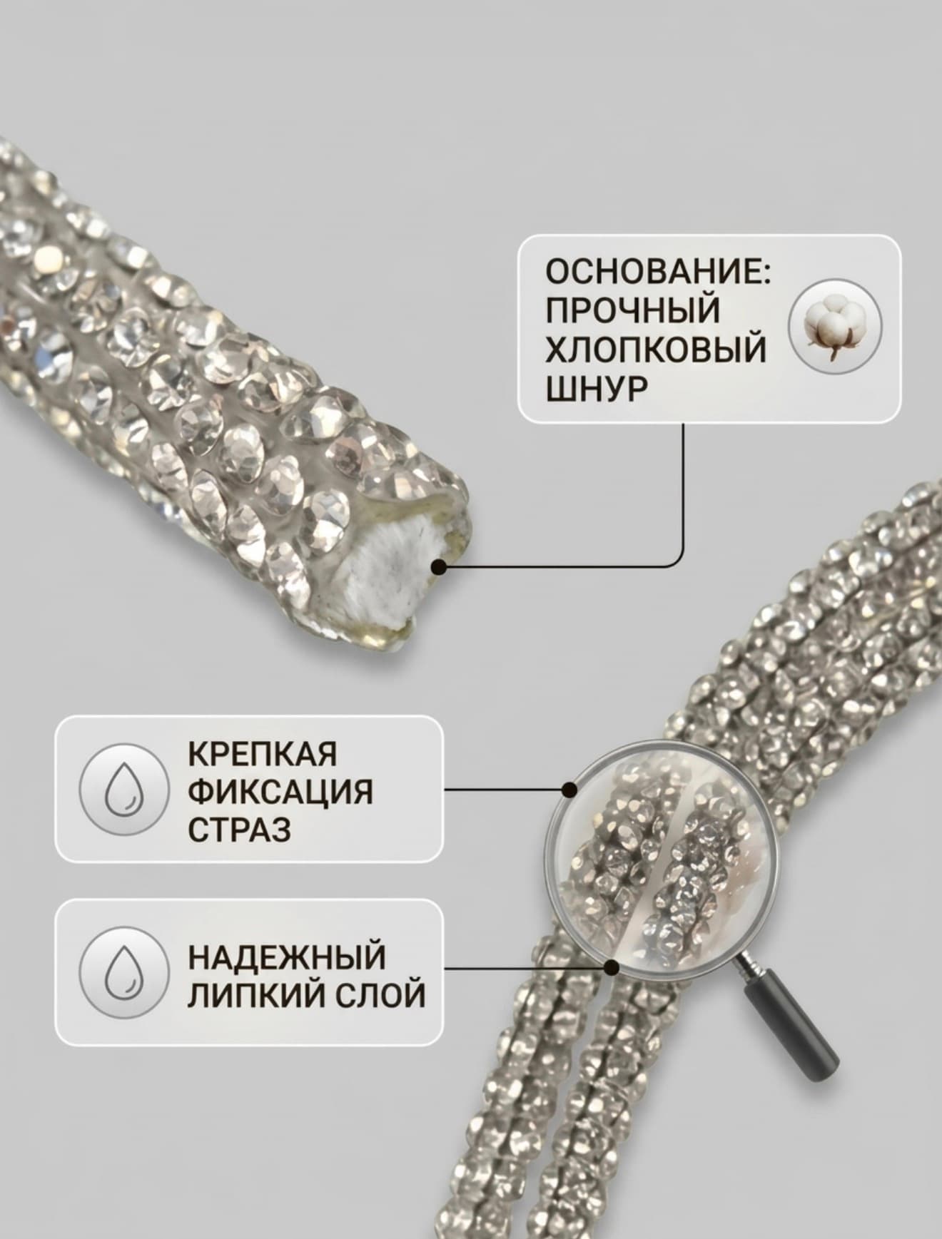 Серебряный стразовый шнур — ровный ряд страз на текстильной основе